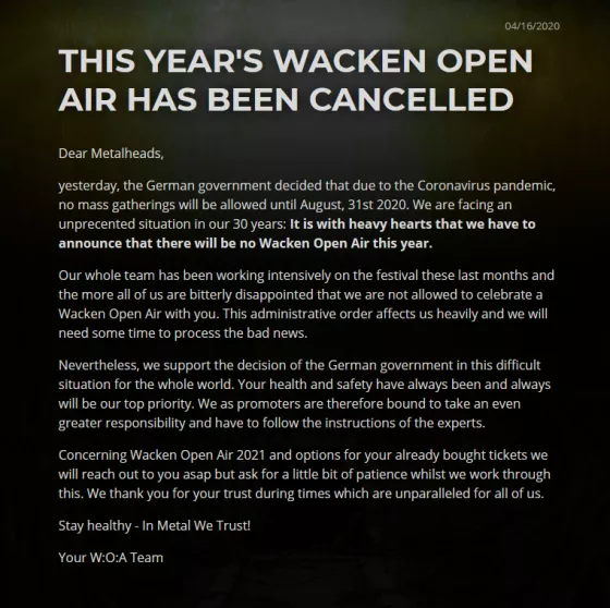 Wacken 2020 cancelled